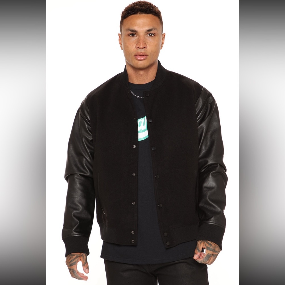 Shoulder Varsity Jacket - Black/Black